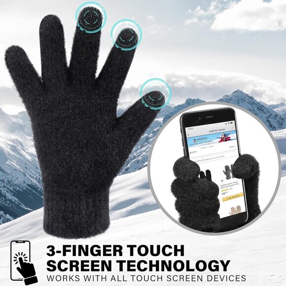 Women's Black Winter Touchscreen Velvet Elastic Warm Gloves for Cold Weather - Picture 2 of 6